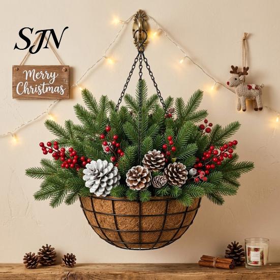 Artificial Pine Branch Planter Christmas Hanging Basket with Branches, Red Berries & Pinecones, Evergreen Porch Plant Pre-lit Holiday for Patio Indoor