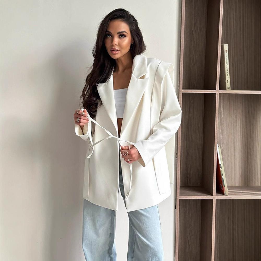 Women Tie Waist Jacket Lapel Long Sleeve Casual Loose Outerwear Autumn Winter Fashion Belted Coat For Ladies