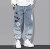 Graffiti Printed Jeans Men's Loose Straight Ins Plus Size Drawstring Ankle Pants