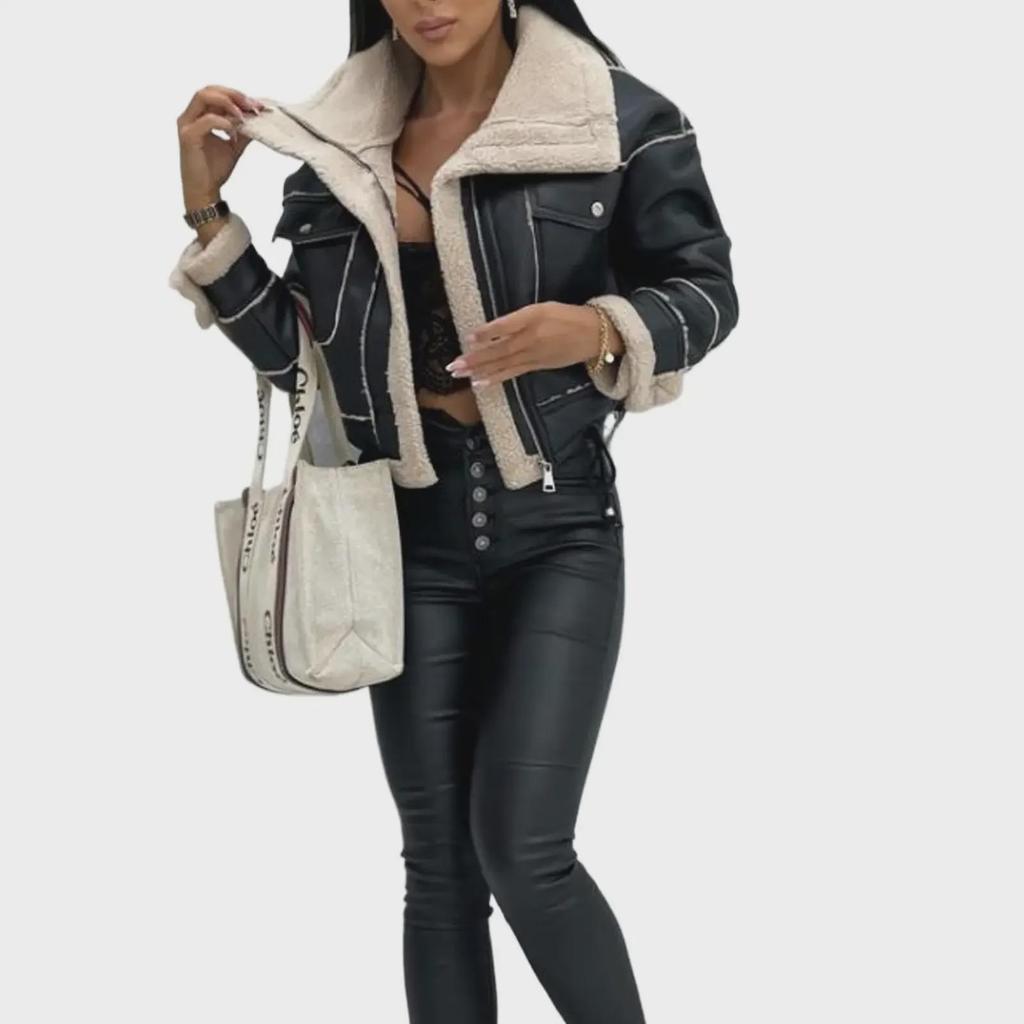 Женская куртка из искусственной кожи и флиса для мотоцикла с воротником-стойкой и короткой молнией (Модель 3120)