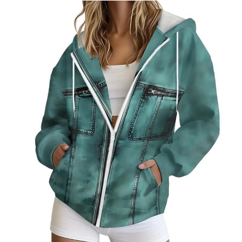 Womens Zip-Up Hooded Sweatshirt With Denim-Style Print Streetwear Oversized Cardigan Fall 2025 Casual Outerwear