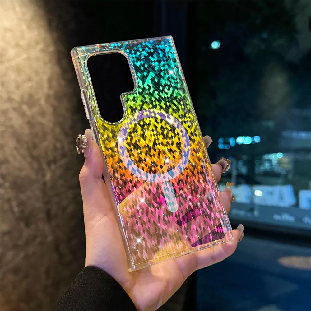 Блестящая Аврора для Акрилового Чехла для Samsung Galaxy S2 S24 S26 Ultra S23 S24 FE S22 Plus Магнитный Лазерный Градиентный Чехол