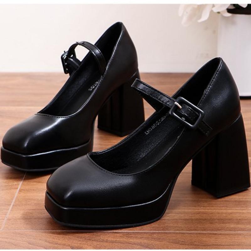 Осень Новые Туфли на Толстом Каблуке Женские С Квадратным Носком С Мелким Вырезом С Пряжкой На Одном Слове Толстая Подошва Низкие Туфли