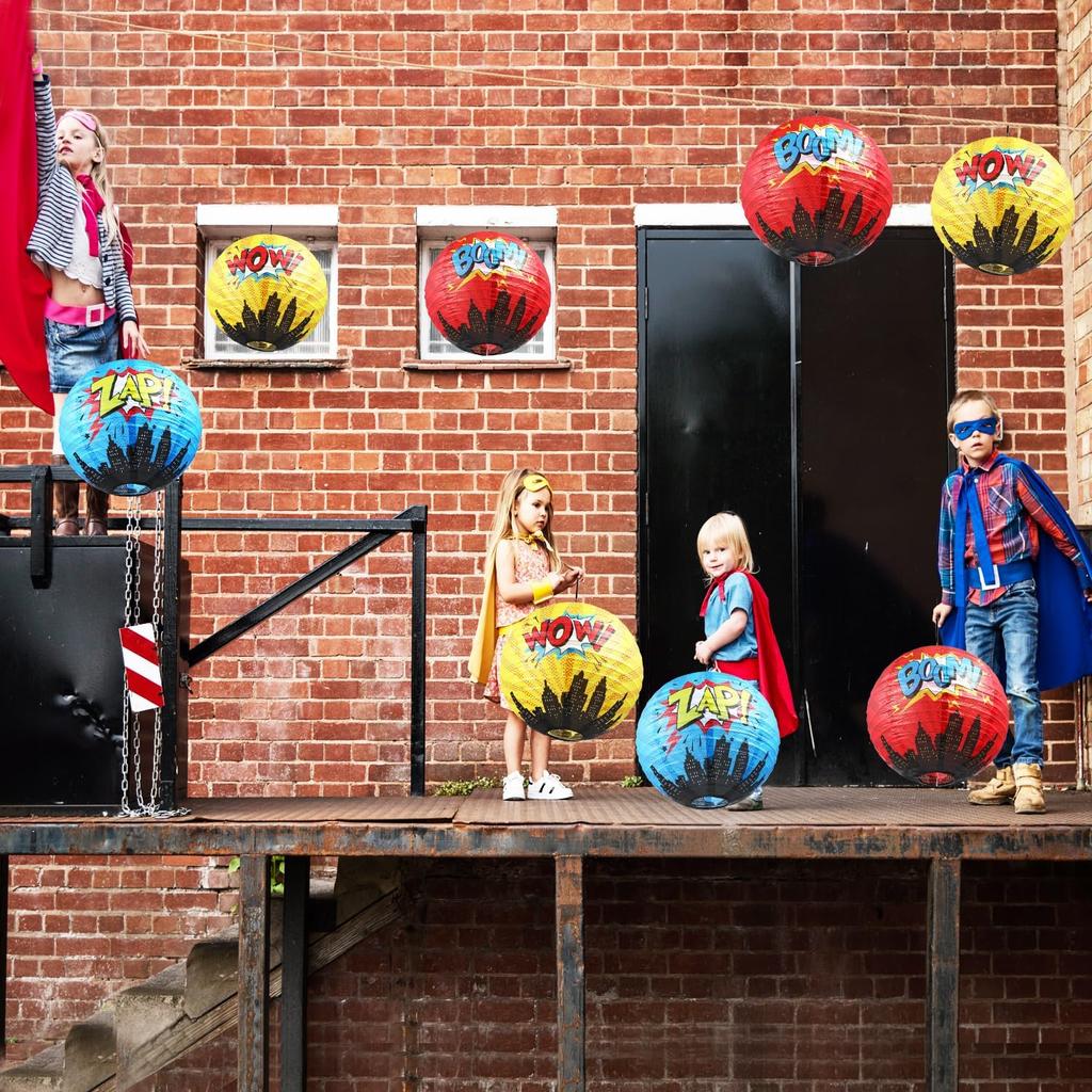 Blulu 6 Pcs Hero Themed Party Decorations Fun Hero Paper Lanterns Hanging Comic Wow Zap Boom Lanterns Birthday Party Favor for Kids Boys Adults Baby