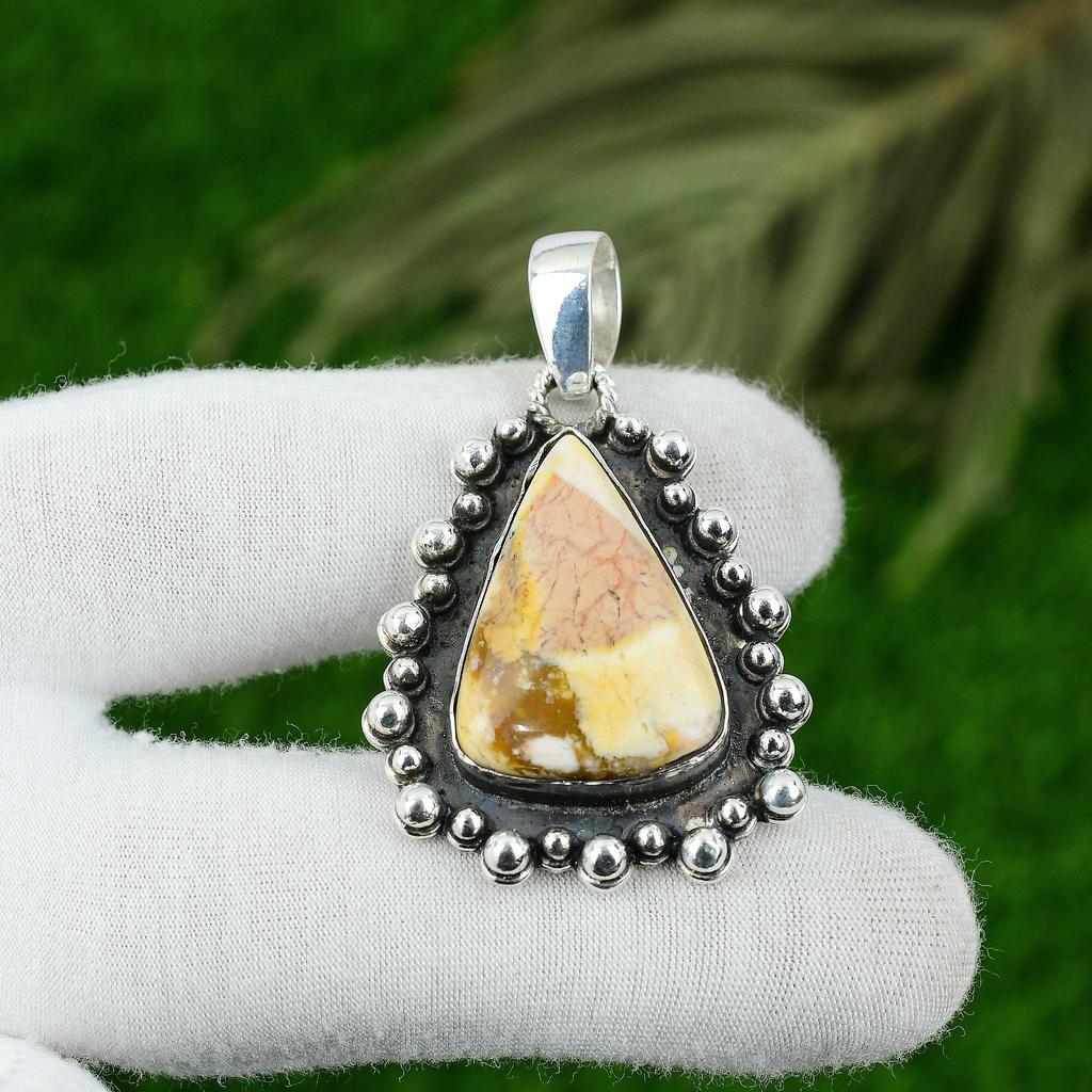 Natural Mookaite Gemstone Pendant Yellow 925 Sterling Silver Indian Jewelry