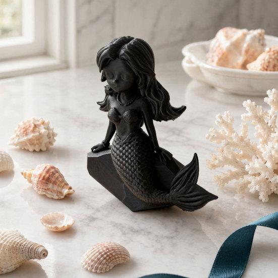 Nostalgie 3D Printed Mermaid Action Figure, Dark Gothic Style Figurine with Matte Black Finish, Movable Joints & Wide Rock Base, Decor for Desk