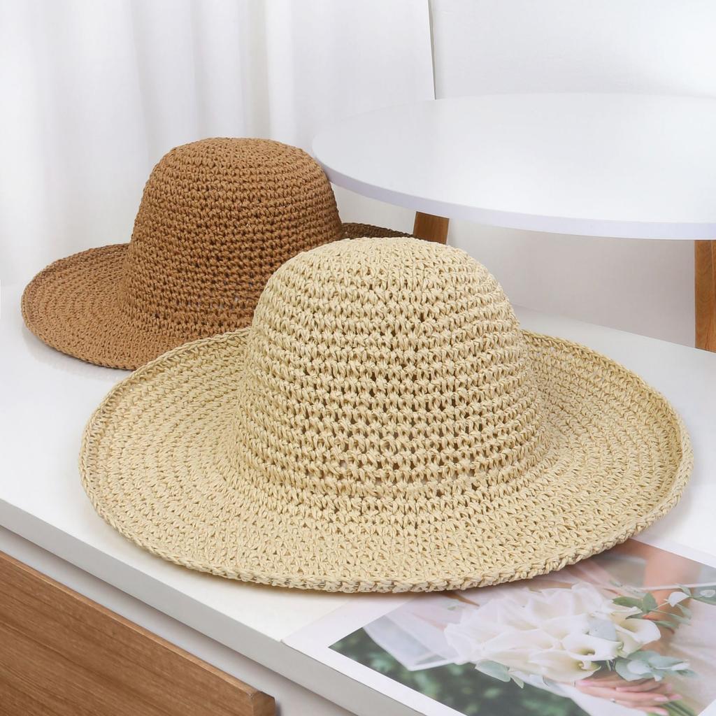 Summer simple solid color handmade crochet straw hat seaside vacation beach hat women's outdoor sunshade sun protection hat