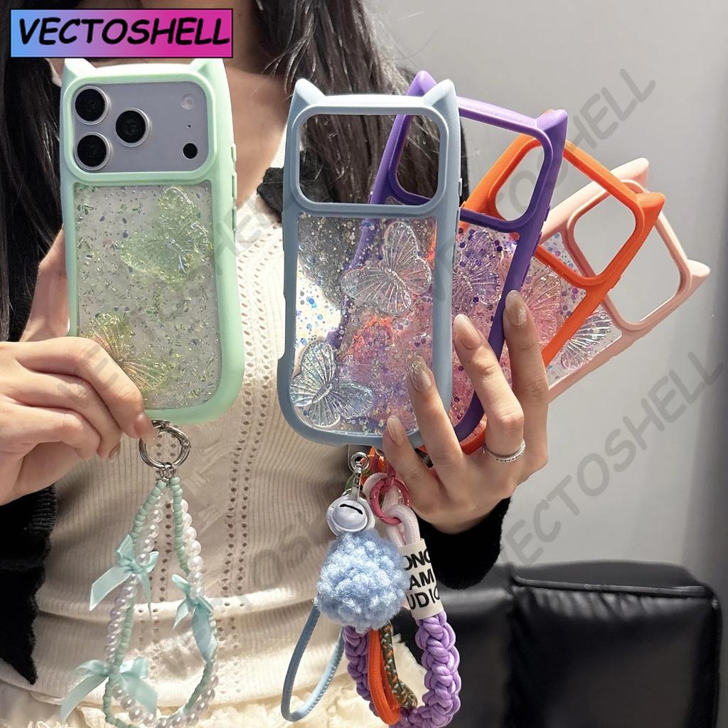 Милый Чехол-Подвеска с Ушками Кошки и Бабочкой Прозрачный для iPhone 17e 16 15 14 13 12 Pro Max 17 Air 11 Большое Окно Мягкие Края