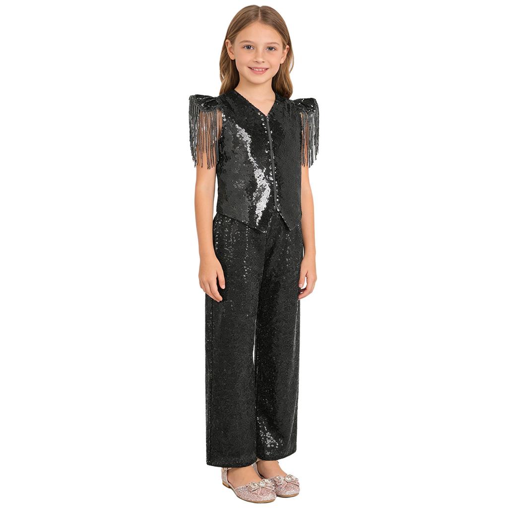 Kids Jazz Dance Costume Set Sequin Embellished Cap Sleeve V Neck Asymmetrical Hem Zip Vest with Elastic Waist Pants for Stage Competition