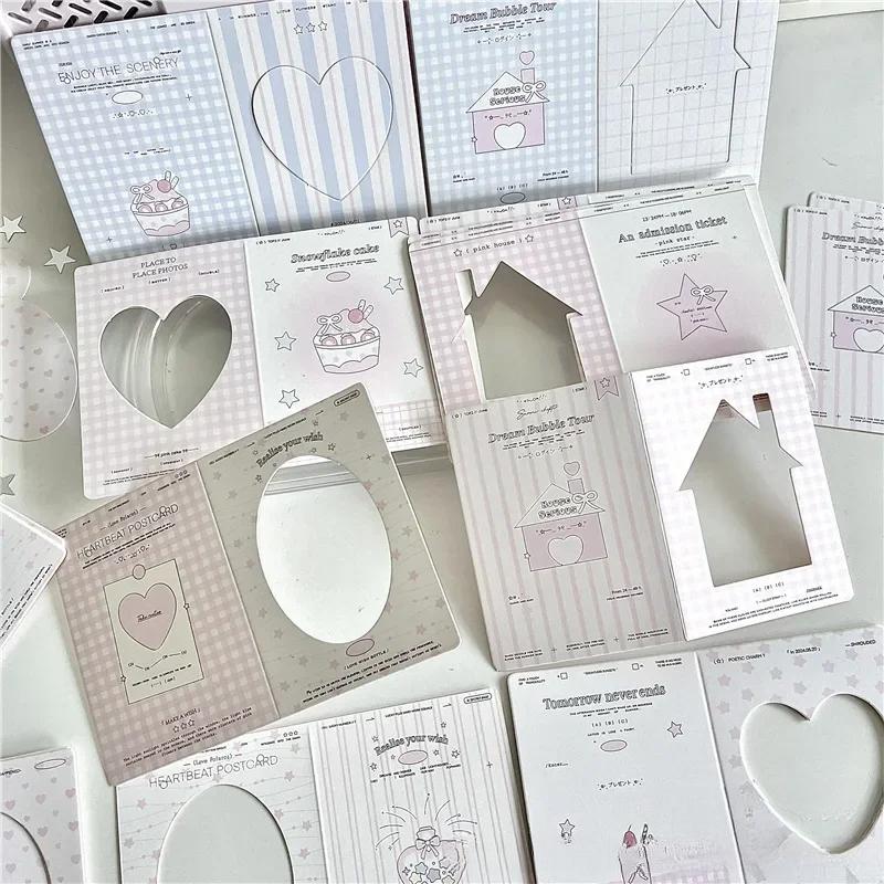 30Pcs Korean INS Cute Plaid House/heart Hollow Window Folding Back Card Kpop 3-inch Photo Card DIY Decor Packing Fixed Cardboard
