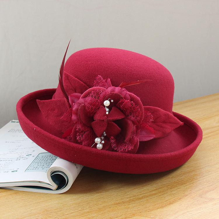 Autumn and winter three-dimensional feather flower woolen hat women's elegant basin hat bucket hat crimped fashion hat