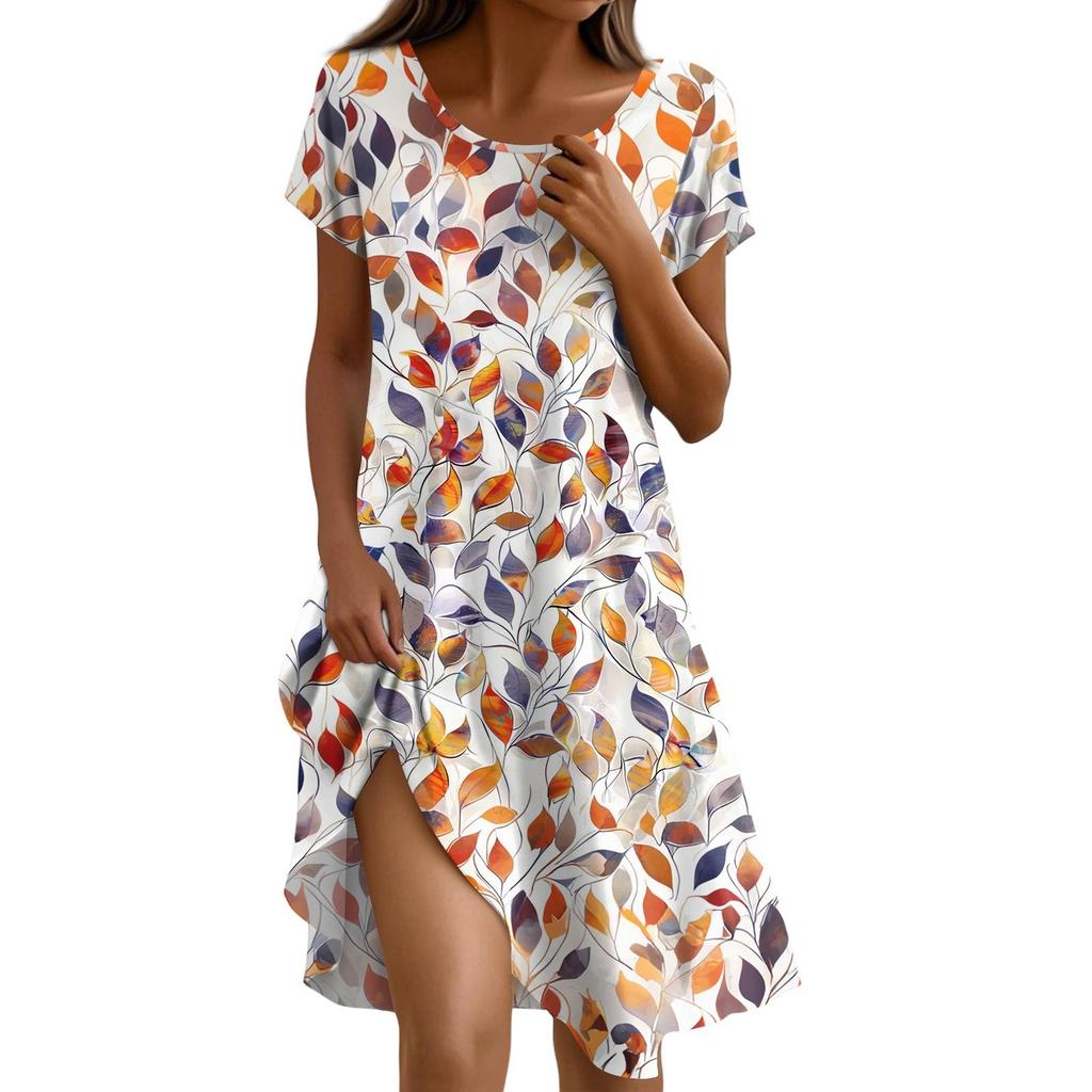 Short Sleeve Boho Dress For Women Casual Loose Fit Sundress Print Round Neck Dress With Pockets