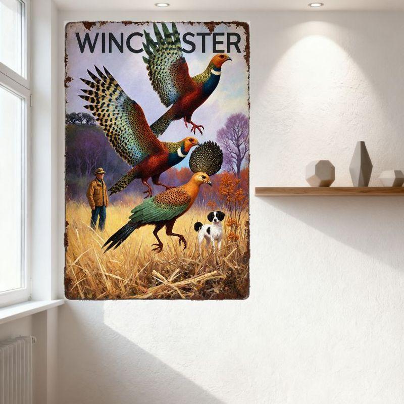 Винтажная металлическая жестяная вывеска Winchester, Рустикальная сцена охоты на фазанов с человеком и собакой, Ретро декор для загородного дома, Мужской уголок, Кафе, Бар