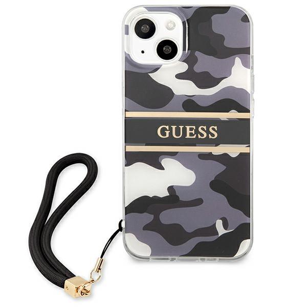 Etui do iPhone 13 mini Guess Czarne Moro z Paskiem Kamuflaż