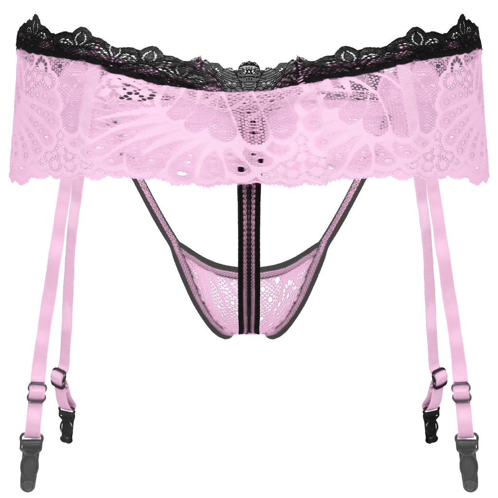 Мужские кружевные стринги с юбкой, регулируемый пояс для чулок, ажурный дизайн, эластичный пояс, вырез без выреза, Т-образная спинка, нижнее белье Sissy