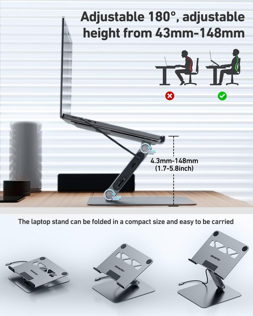 Подставка для ноутбука BENFEI, док-станция 7-в-1 USB-C, HDMI 4K@60Hz, SD x 1, Micro SD x 1, Power Delivery 100W, 10 Гбит/с, USB-C 3.2 x 1, USB-A 3.2 x 2, Совместим