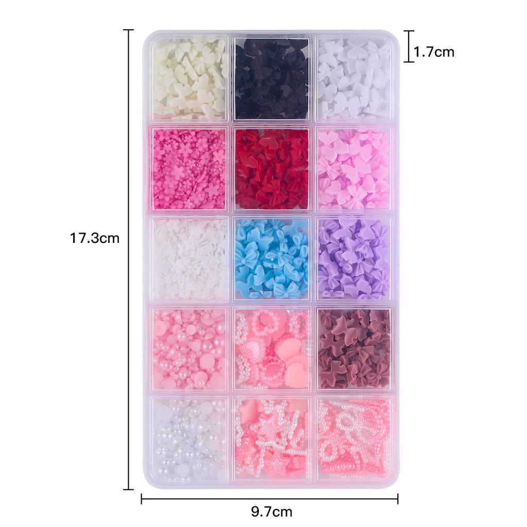 15Grids/box Mixed Resin Bowknot Nail Art Decorations 3D Acrylic Charms Kawaii Colorful Bow Rhinestone DIY Manicure Tools Parts
