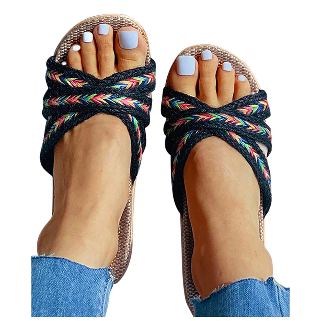 Women's Slippers Men Home Summer Cross Strap Ladies Casual Shoes Linen Slippers