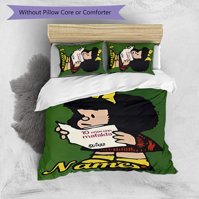 3pcs Custom Name Cartoon Mafalda Bedding Set Duvet Cover Closure Includes 1 Duvet Cover & 2 Pillowcases for All Seasons Bedroom Decor