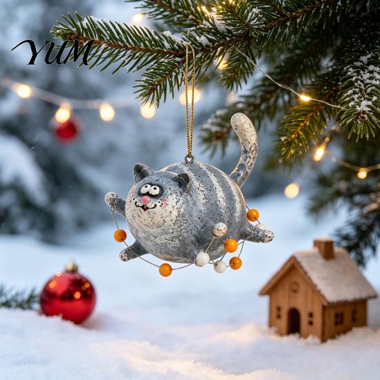 Hand Painted Pottery Effect Flying Chubby Cat Ornament, Vintage 2D Acrylic Kitten Hanging Pendant with Blue Whimsical Bag Charm Stripe Design,