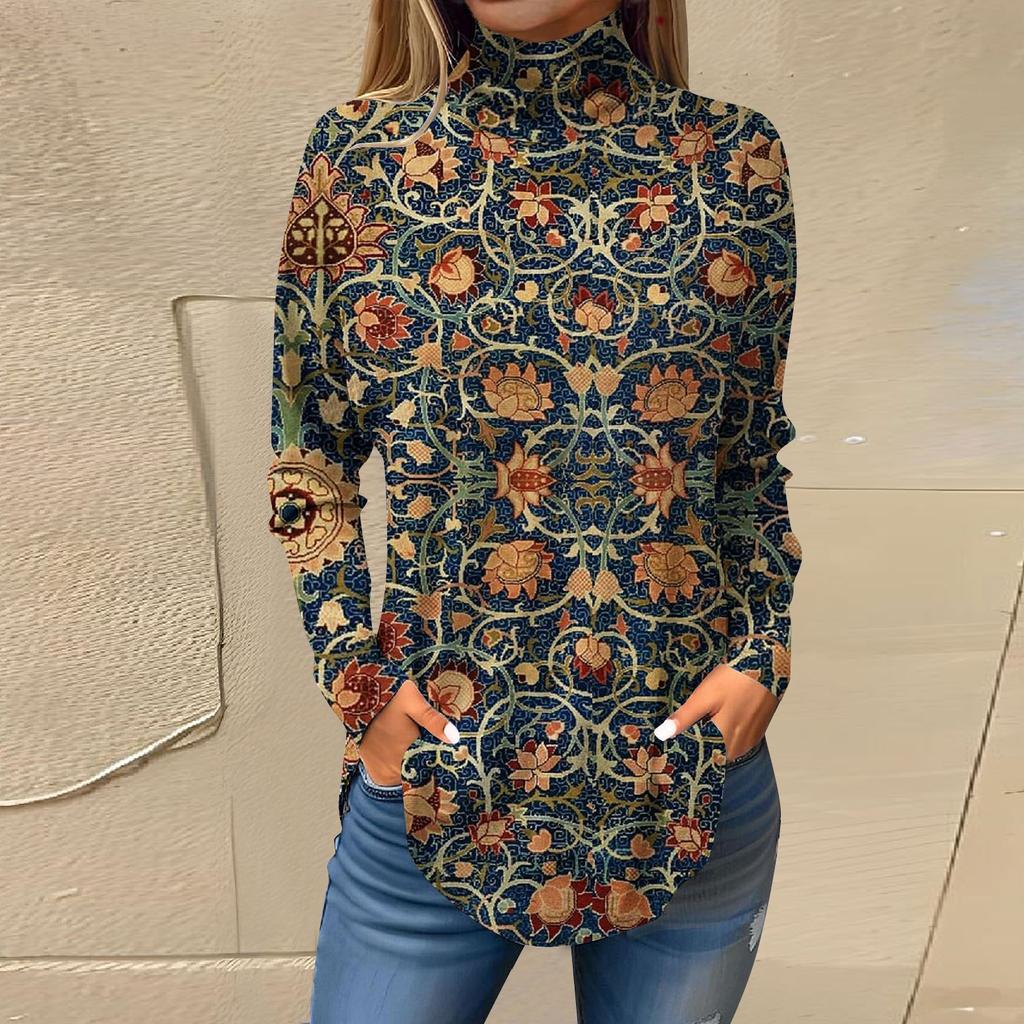 Tee Shirts For Women Fall Casual Long Sleeve Shirts Sweatshirt Vintage Printed High Neck Top Pullover