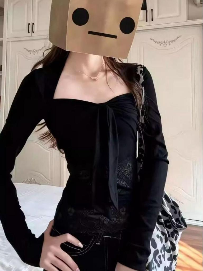 Чистое Желание Кружевная Пэчворк Футболка с Длинным Рукавом - Женская Осенне-Зимняя Нишевый Дизайн Изысканный Топ