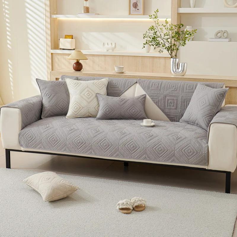 Non-slip Cushion for Living Room Sofa Cover Cream Wind Sofa Cover Pure Cotton Solid Color Embroidered Fabric Art Sofa Cushion