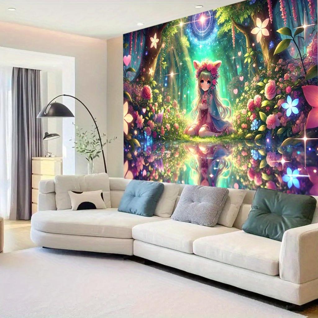 Fantasy Magic Forest Cat Ear Girl Tapestry, Fairy Tale Wall Art for Bedroom Living Room Decor