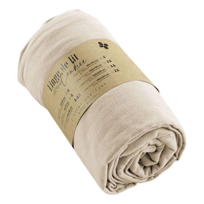 Drap housse "Candice" toutes dimensions Flanelle de Coton l'Effet Papillon - Candice Sable - 160 x 200 cm