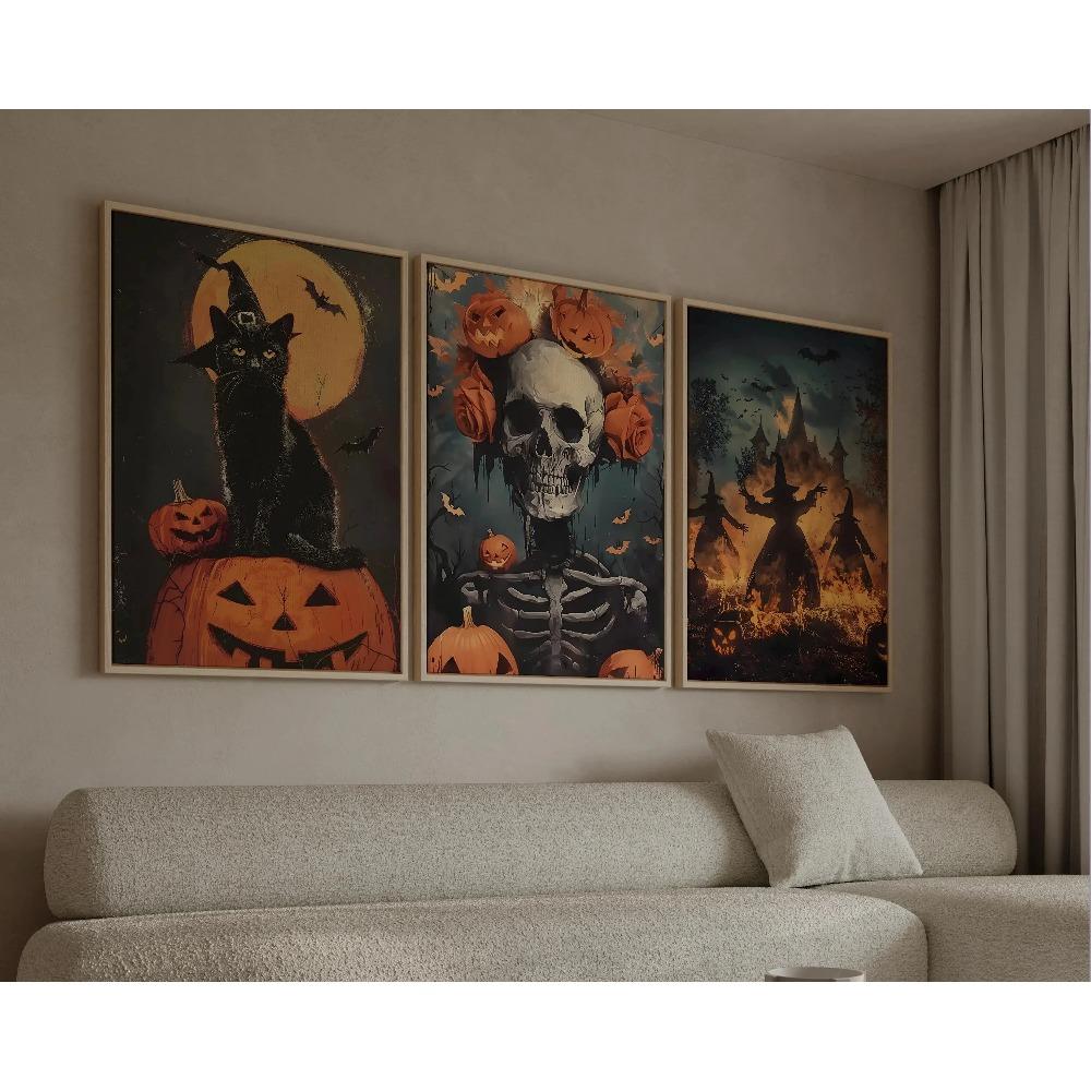 3Pcs Spooky Halloween Wall Art,Canvas Prints,Dark Moody Fall Season Wall Arts,Farmhouse Home Decor Halloween Holiday Party Gifts