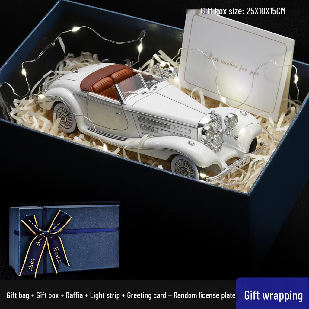 1/24 Mercedes-Benz 500K Модель автомобиля из легкого сплава со звуком и светом: Классический ретро-украшение с откидной крышкой, подарочная коробка к празднику середины осени