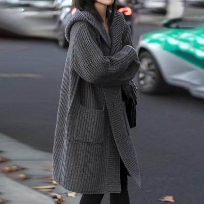 Свитера Пальто Кардиган для Женщин Осень Зима Большой Размер Винтаж Свободный Длинный Рукав Вязаный Кардиган Куртка с Капюшоном