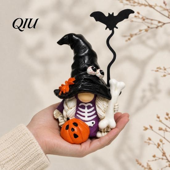 Spiders Bats Pumpkin Figurines Halloween Gnome Figurine, Small Resin Dwarf Table Decoration, Spooky Yard Decoration Bat Skull Statue for Tiered Tray,