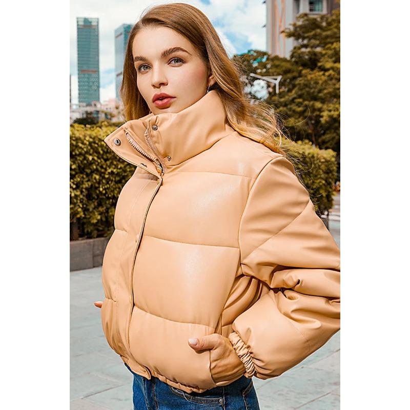 Зимние теплые толстые пальто из искусственной кожи, короткие парки, модная черная хлопковая стеганая верхняя одежда в стиле панк, женская куртка с воротником-стойкой, элегантная одежда на молнии 2023