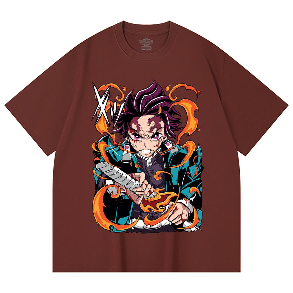 230 Gsm 100% Cotton Demon Slayer V64 Tanjiro Fire Breathing Print Unisex Heavy Cotton T Shirt