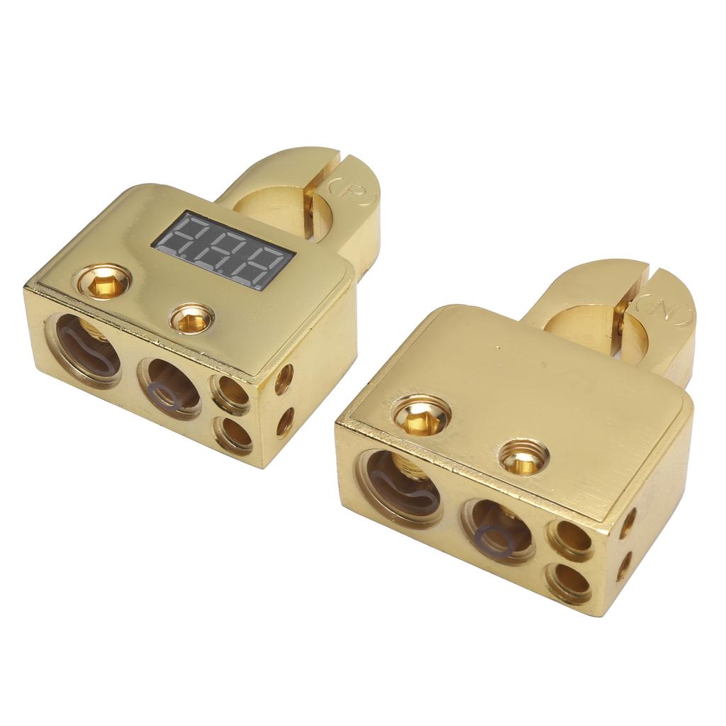 Car Battery Terminal Connectors Kit with Digital Voltmeter Display Stardand 0 4 8 10 AWG GaugeGold