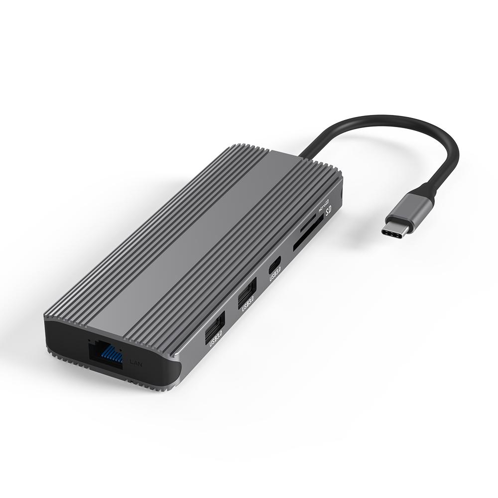 10 in 1 Usb C Hub Multi Dual 8K 120Hz 144Hz MST Docking Station With DP HDTV RJ45 Ethernet 100W Powered Usb3.0 Sd/tf Card Reader