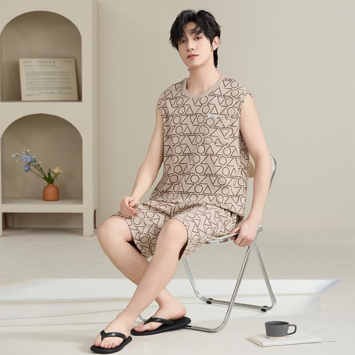 2025 летняя мужская пижама в полоску из чистого хлопка для отдыха с эластичным поясом для мальчиков, майки и шорты, мягкая пижама, домашняя одежда