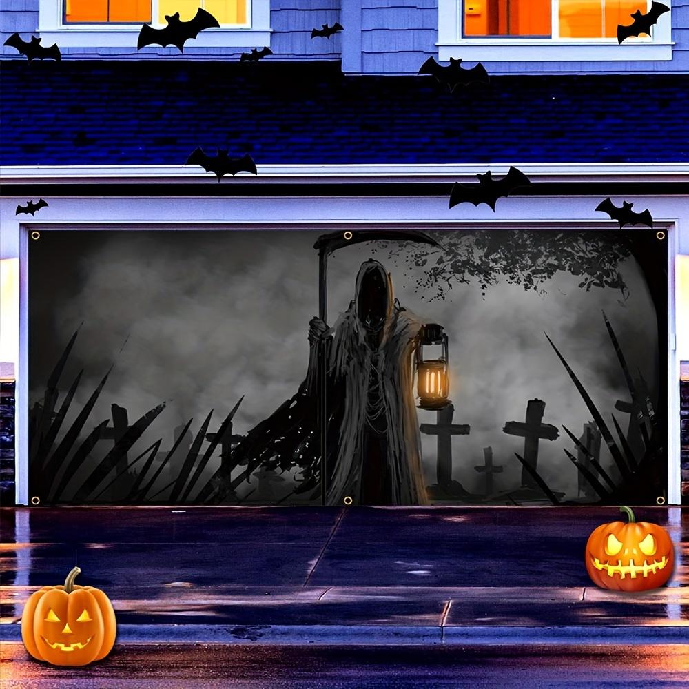 Halloween garage door banner - A terrifying figure with a lamp - A thrilling entrance Halloween night - Party decoration