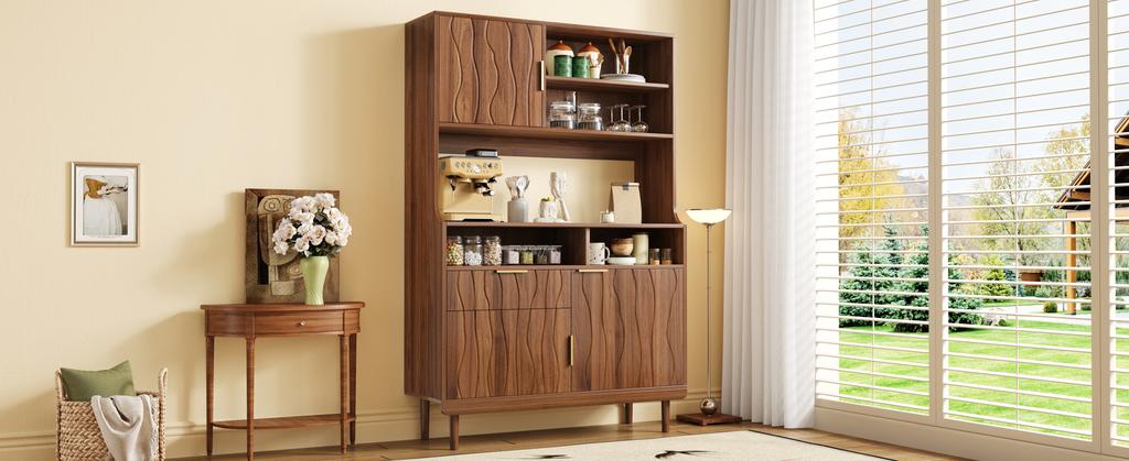 Sideboard, Tall Cabinet Kitchen Cabinet Buffet Cabinet Storage Cabinet with Drawer Doors Open Shelves MDF PB Wood Cabinet with Solid Wood Feet