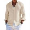 Men's Spring Summer Long - Sleeve Shirt, Cotton - Linen Blend, Casual Loose Fit, Solid Color, Lapel Collar, Single - Breasted Top