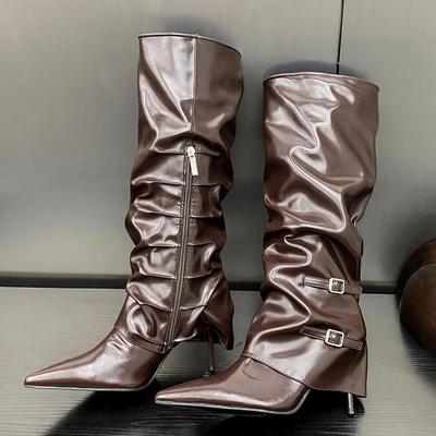 Осенне-зимние плиссированные ботильоны с пряжкой для женщин, заостренный носок, тонкий каблук, высококачественный дизайн, молния, женская обувь