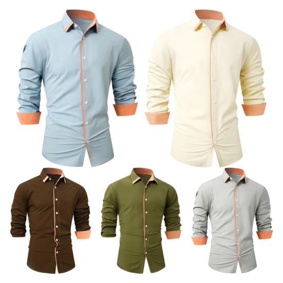 Мужская рубашка с отложным воротником и длинным рукавом, однобортная, контрастного цвета, приталенная, мягкая, дышащая, в деловом стиле, офисный топ средней длины