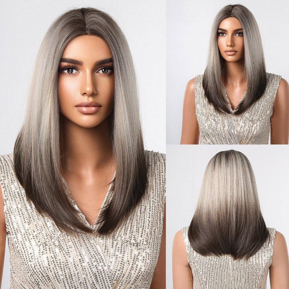 EASIHAIR Medium Length Red Ombre Synthetic Natural Wigs Middle Part for Women Daily Cosplay Use Heat Resistant Fiber Hair Wigs