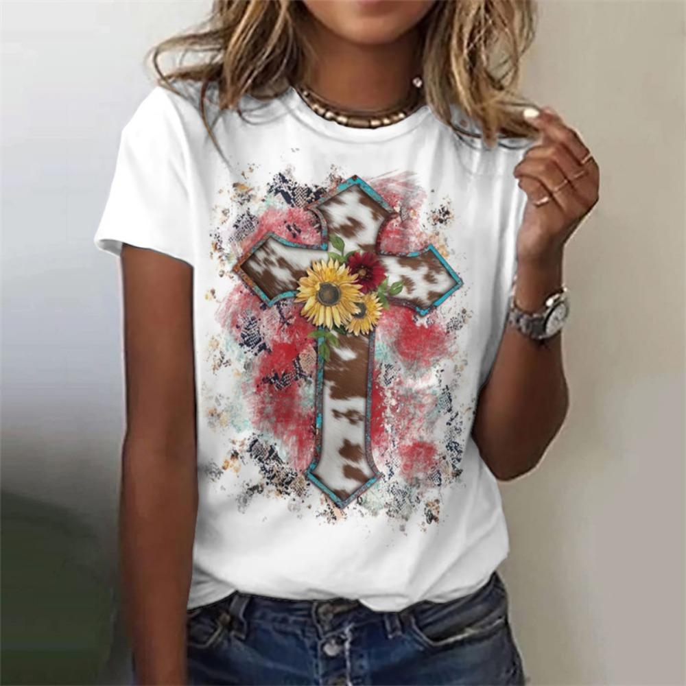 Футболка с рисунком креста Иисуса для женщин Футболки с 3D-принтом Священное христианство Летняя мода Уличные футболки с короткими рукавами Топы с круглым вырезом