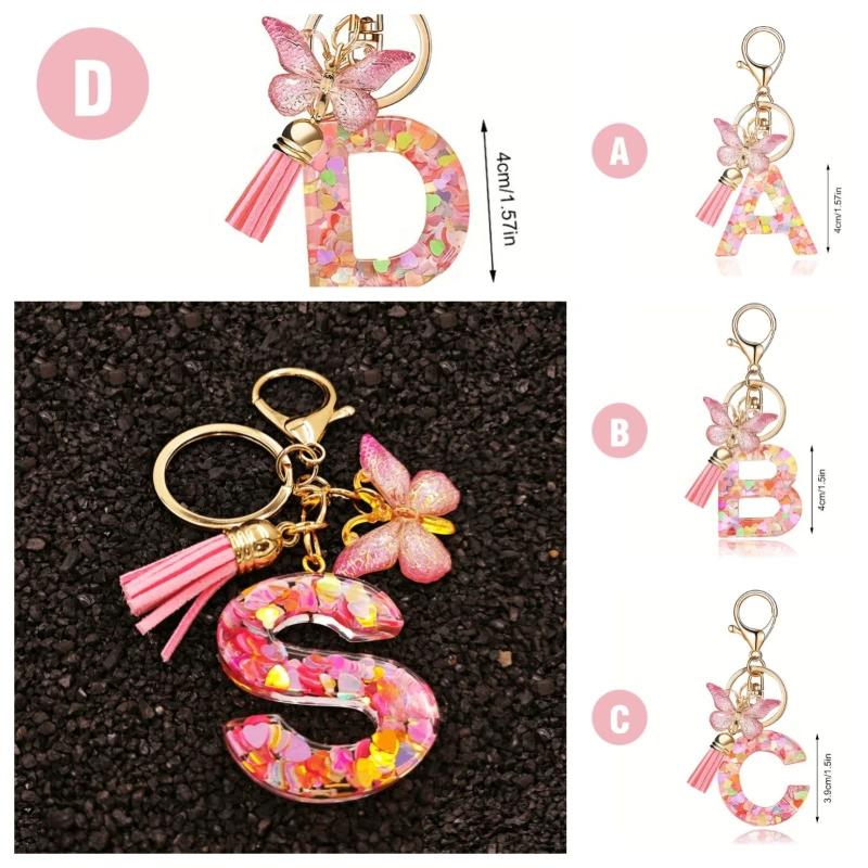 A-Z Dreamy Letters Keychain for Women Tassels Butterfly Pendant Initial Keyrings Purse Suspension Bags Car Key Chain Pink
