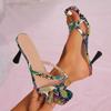 Внешняя торговля большой размер высокий каблук тонкий каблук змеиный узор носок женские сандалии европейская и американская мода универсальные елочка квадратный носок сандалии