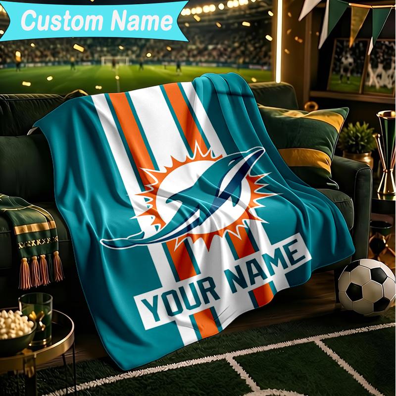 1PC Custom Name Blanket Dolphins Team Flannel blankets Patterns Throw Blanket All-Season Soft Gift for Couch, Bed, Camping, Birthday gifts