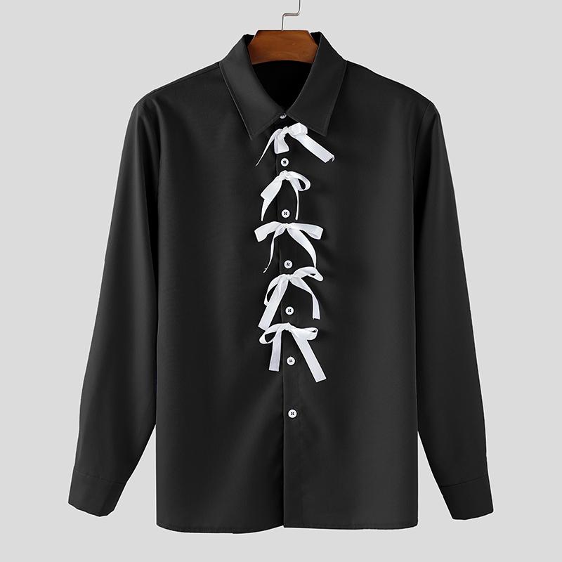 INCERUN Men Lapel Long Sleeve Front Bow Knot Back Twisted Casual Shirts