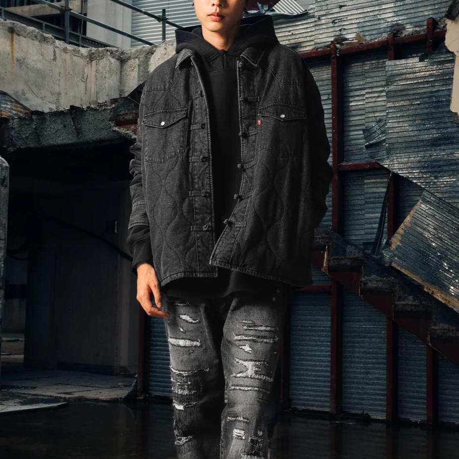 Коллаборация Levis X CLOT FW24 Дизайн с китайской пуговицей Накладной карман Повседневная куртка Куртка унисекс Черный A5354-0001